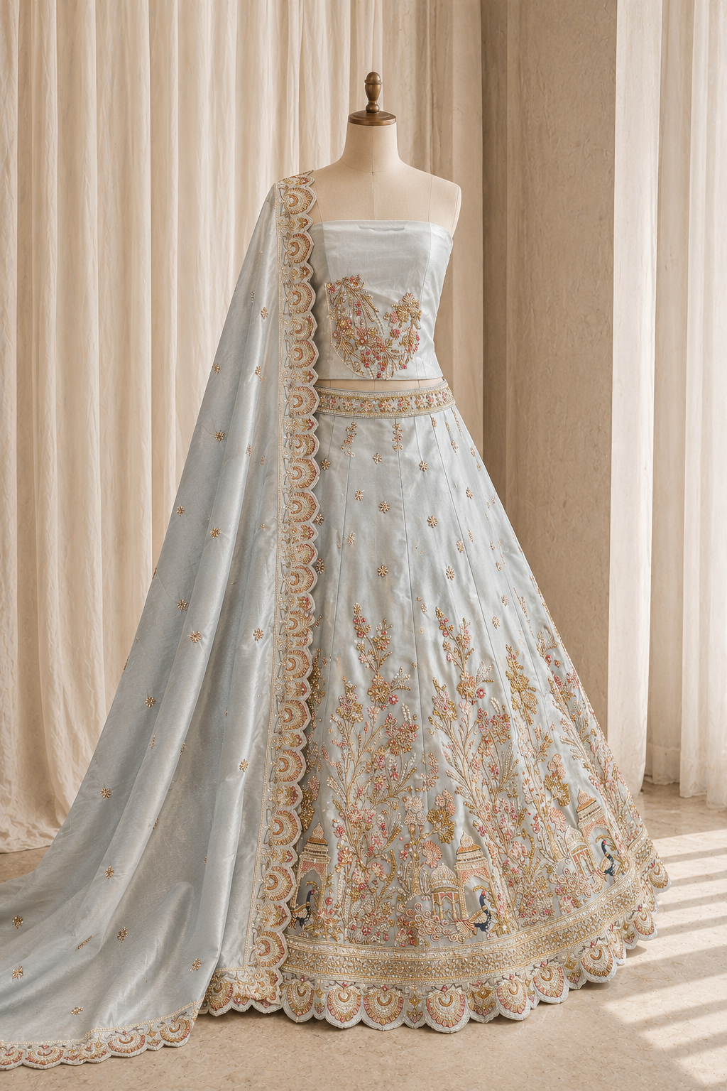 Beautiful Moti Work and Tissue Fabric Pastel Green Color Unstitch Lehenga