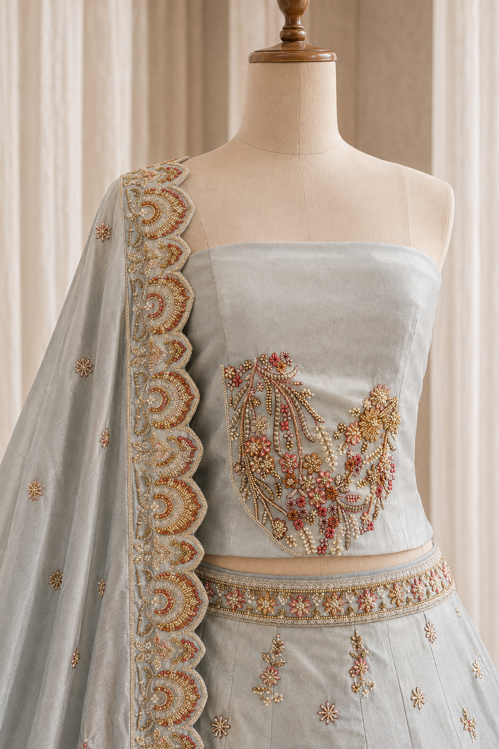 Beautiful Moti Work and Tissue Fabric Pastel Green Color Unstitch Lehenga