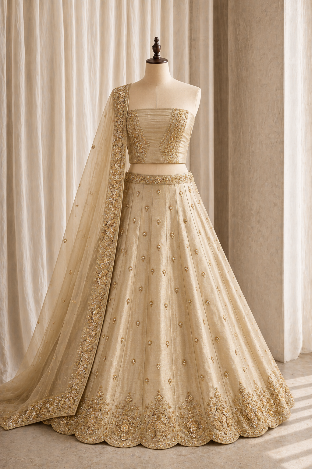 Charming Zari Work and Shimmer Fabric Gold Color Unstitch Lehenga