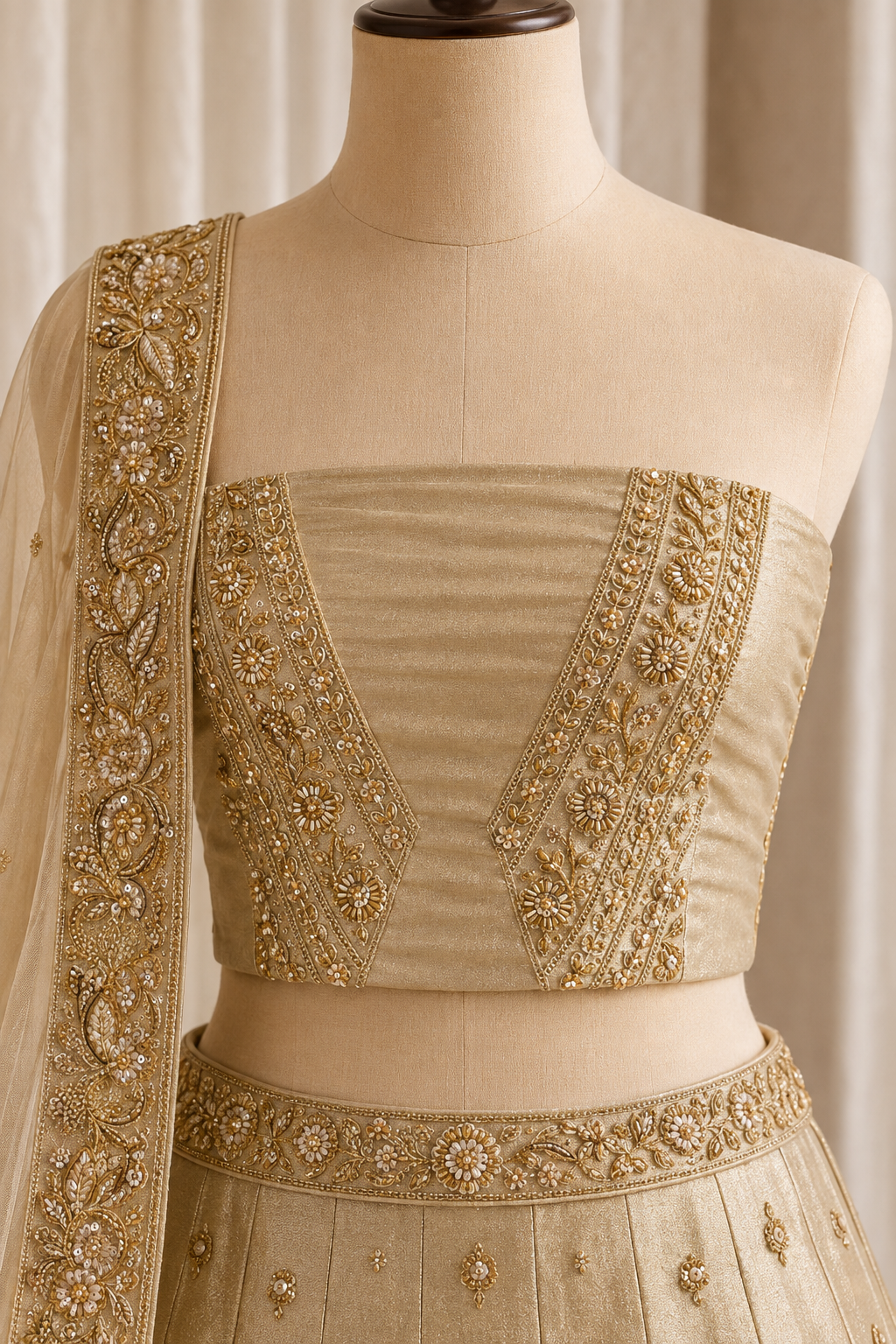 Charming Zari Work and Shimmer Fabric Gold Color Unstitch Lehenga