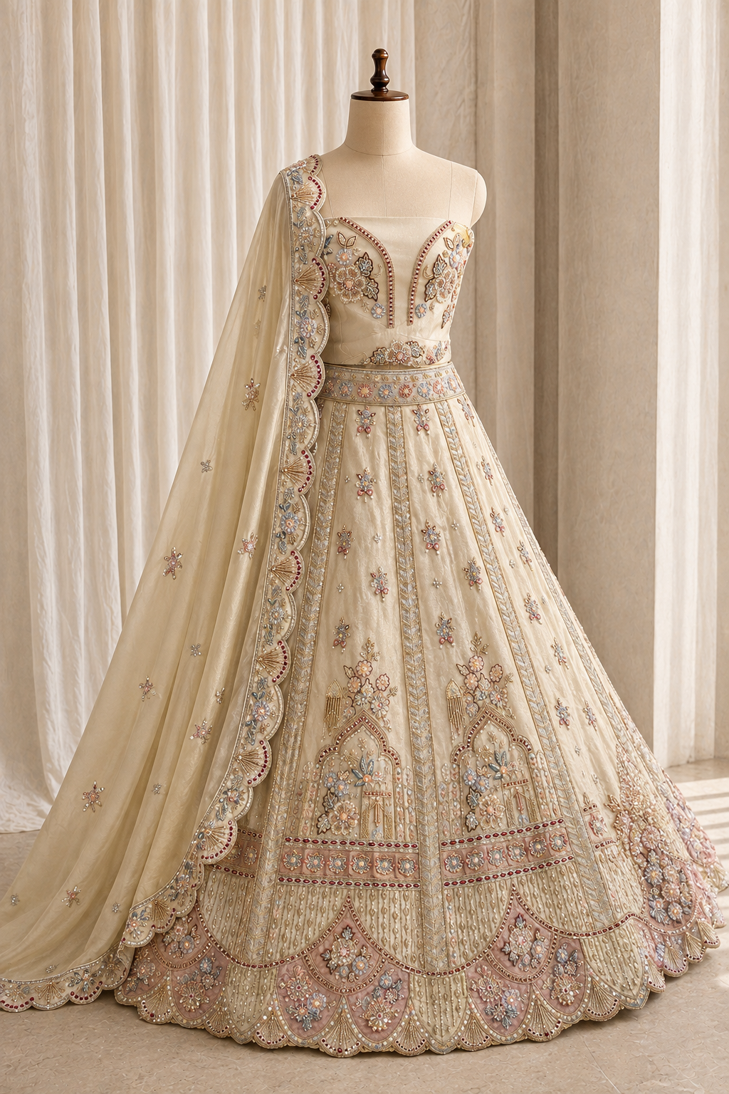 Trendy Moti Work and Tissue Fabric Beige Color Unstitch Lehenga