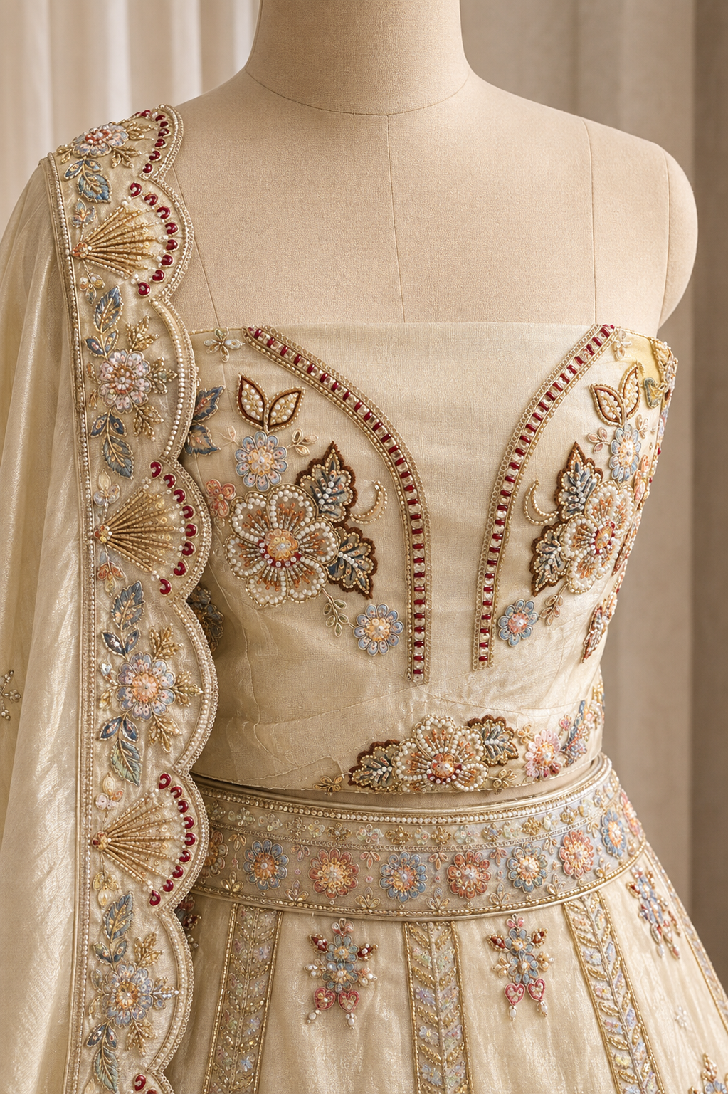 Trendy Moti Work and Tissue Fabric Beige Color Unstitch Lehenga