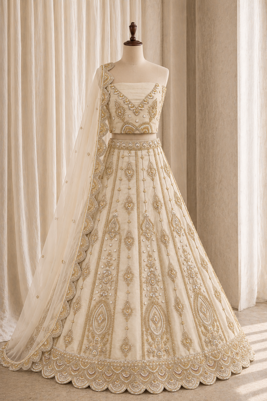Incredible Moti Work and Art Silk Fabric Beige Color Unstitch Lehenga