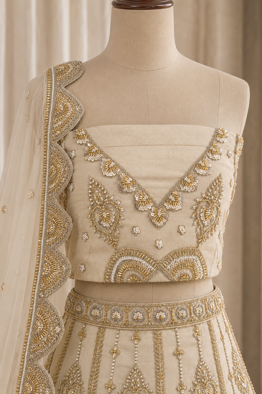 Incredible Moti Work and Art Silk Fabric Beige Color Unstitch Lehenga