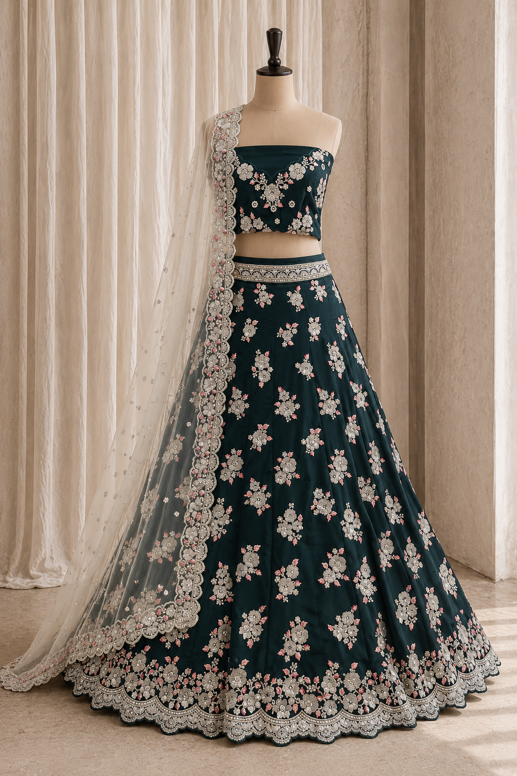 Designer Sequins Work and Georgette Fabric Dark Green Color Unstitch Lehenga