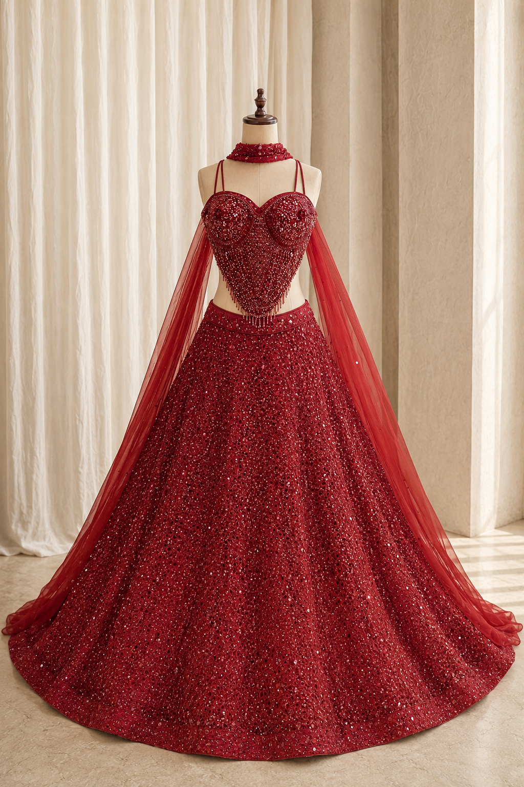 Glamorous Pearl Work and Fancy Net Fabric Red Color Corset Style Lehenga Choli