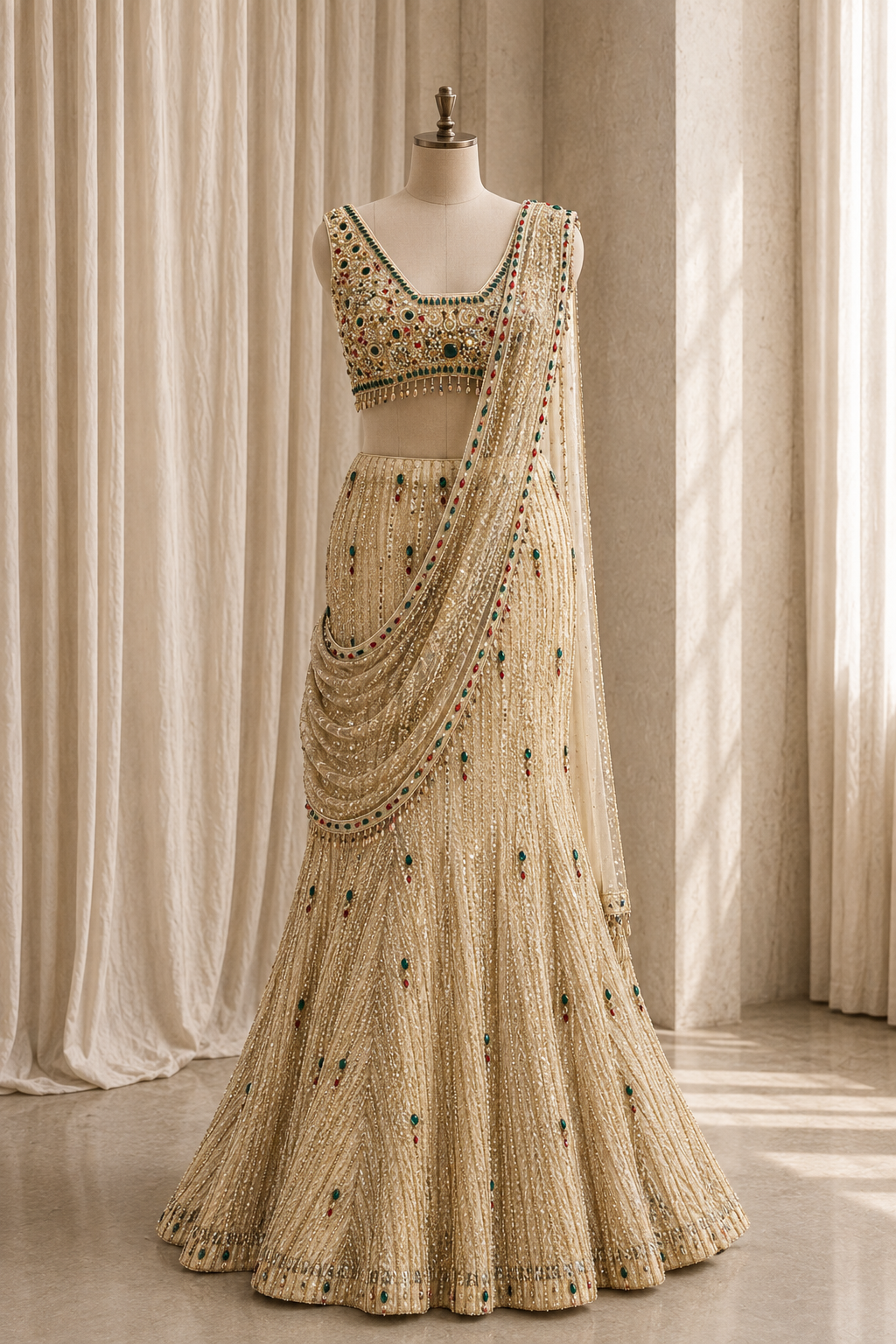 First-class Stone Work and Soft Net Fabric Gold Color Lehenga Choli