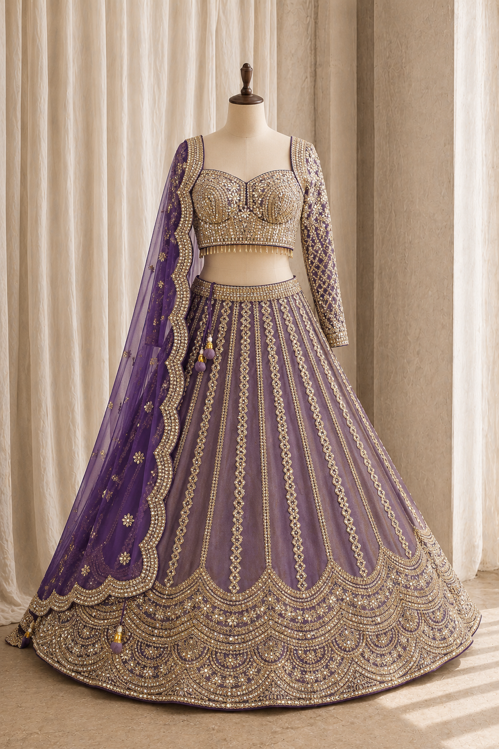 Classy Mirror Work and Tissue Silk Fabric Purple Color Lehenga Choli