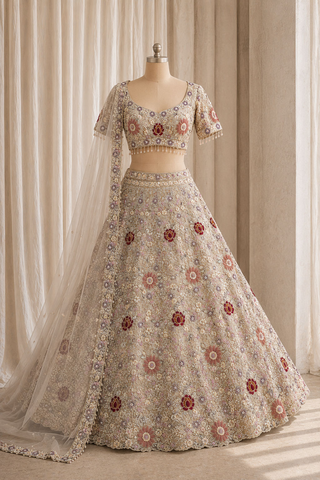 Awesome Moti Work and Soft Net Fabric Beige Color Lehenga Choli