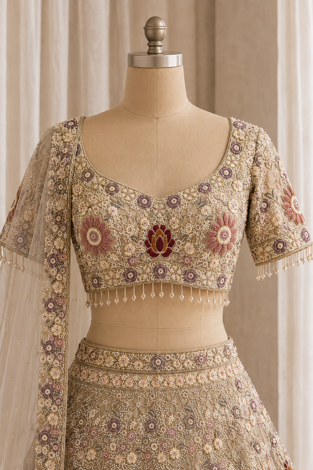 Awesome Moti Work and Soft Net Fabric Beige Color Lehenga Choli