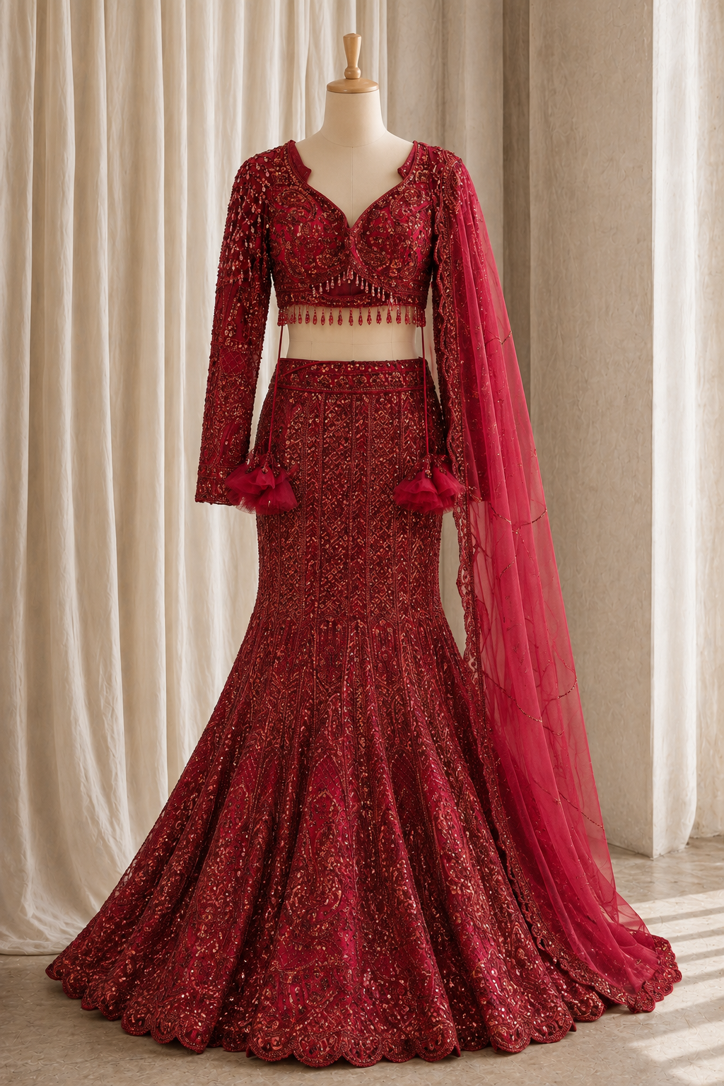 Excellent Sequins Work and Soft Net Fabric Red Color Fishcut Lehenga Choli