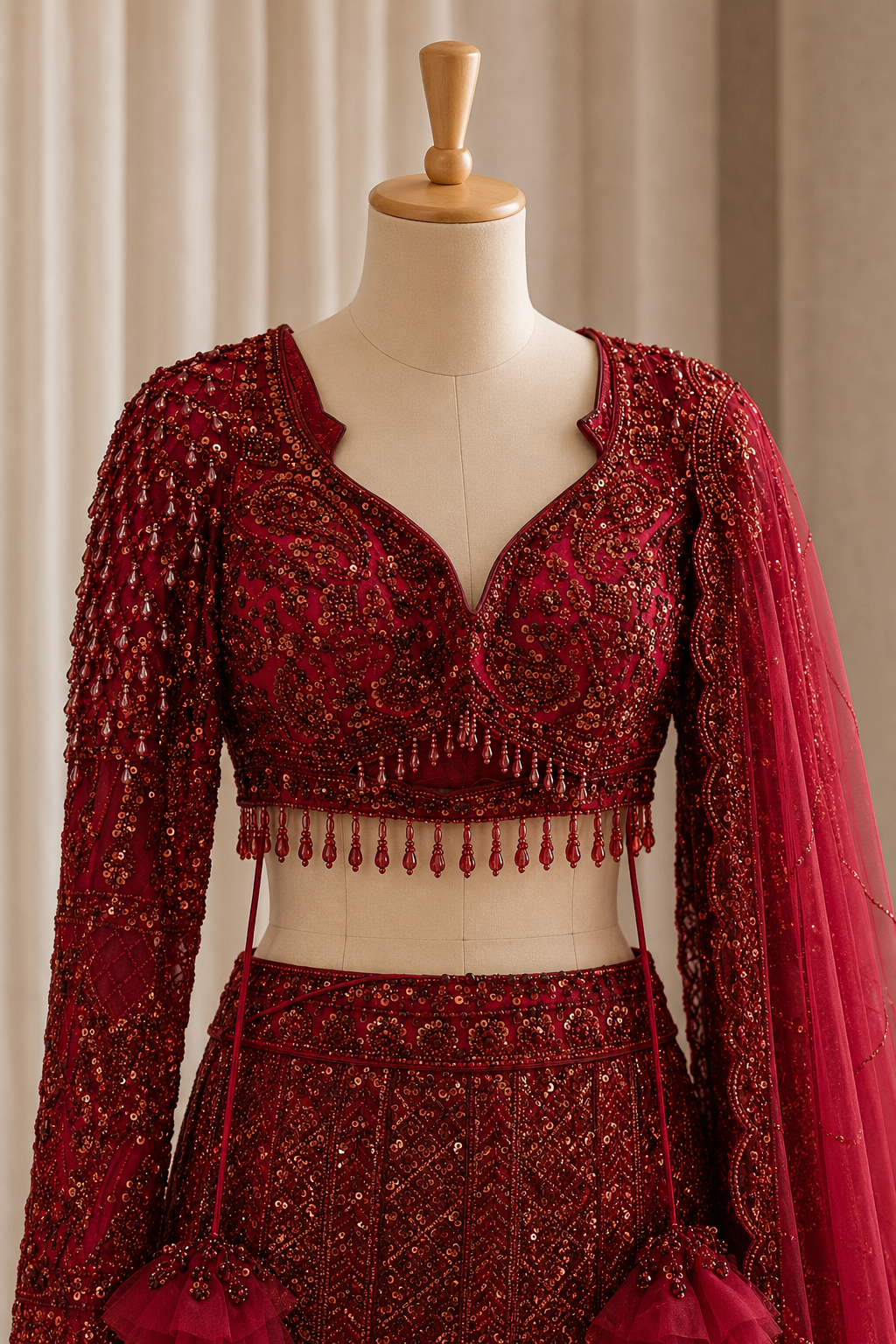 Excellent Sequins Work and Soft Net Fabric Red Color Fishcut Lehenga Choli