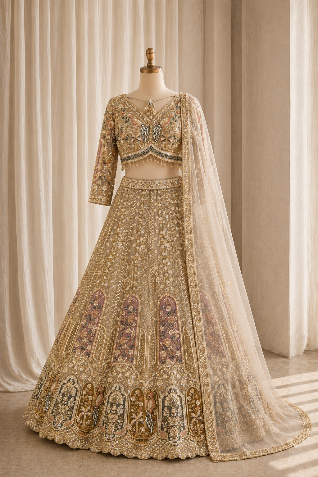 Exquisite Cut Dana Work and Soft Net Fabric Gold Color Lehenga Choli