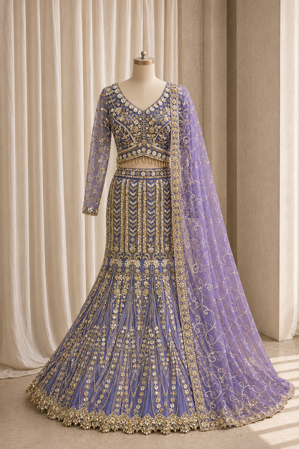 Gentle Moti Work and Soft Net Fabric Lavender Color Fishcut Lehenga Choli