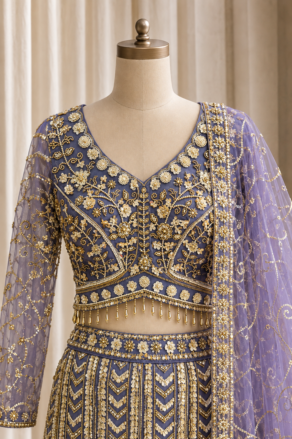 Gentle Moti Work and Soft Net Fabric Lavender Color Fishcut Lehenga Choli