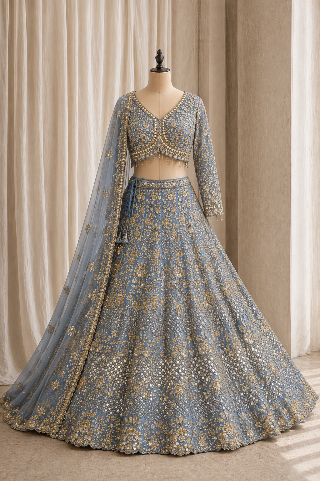 Cute handsome Mirror Work and Soft Net Fabric Grey Blue Color Lehenga Choli