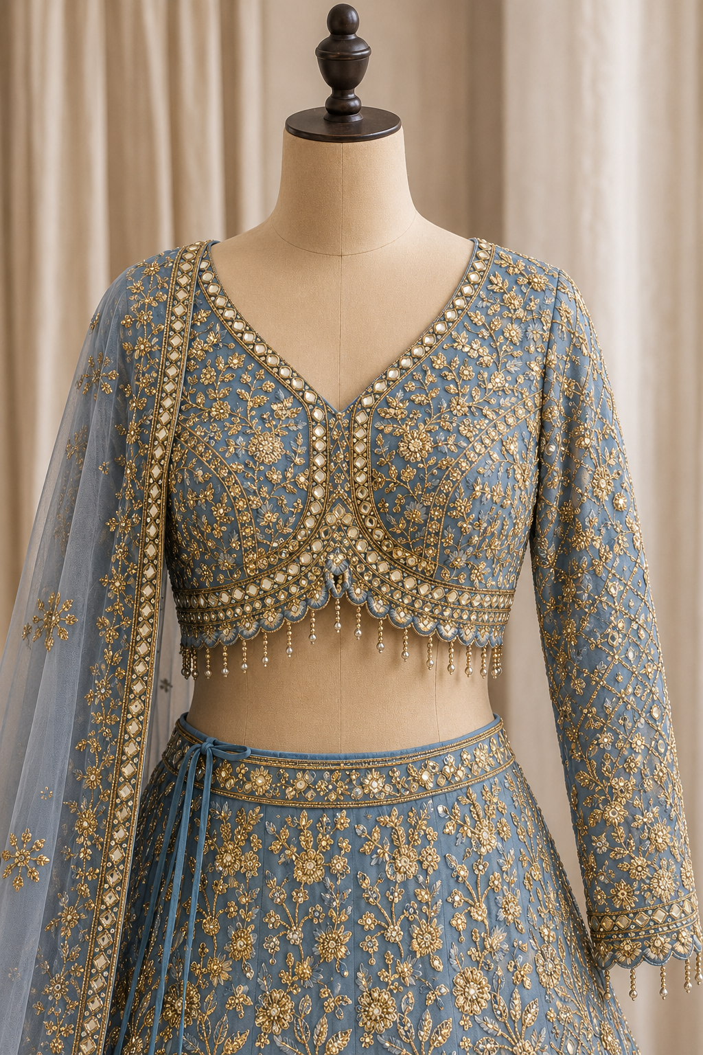 Cute handsome Mirror Work and Soft Net Fabric Grey Blue Color Lehenga Choli