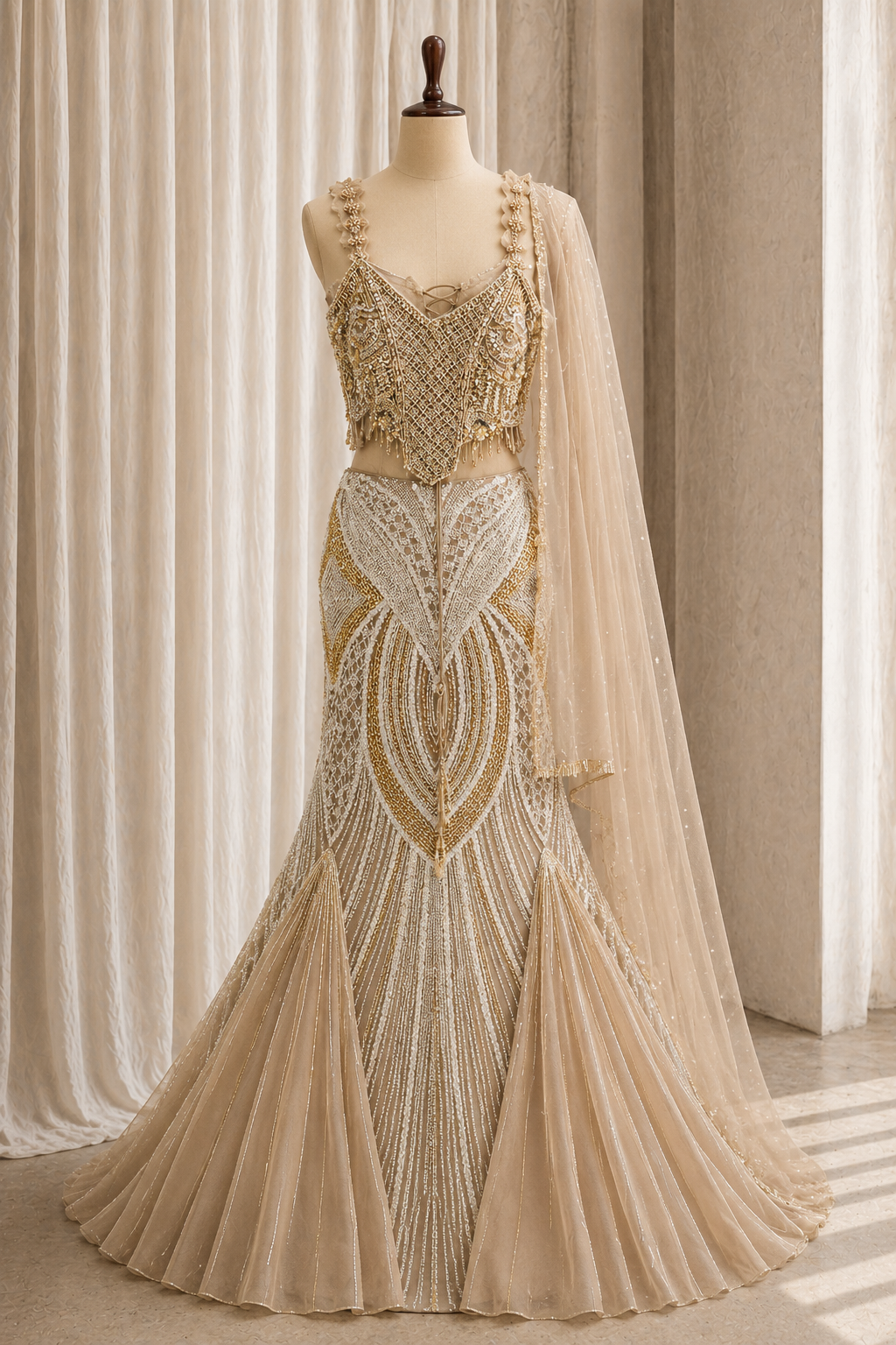 Regal Cutdana Work and Soft Net Fabric Beige Color Fishcut Style Lehenga Choli