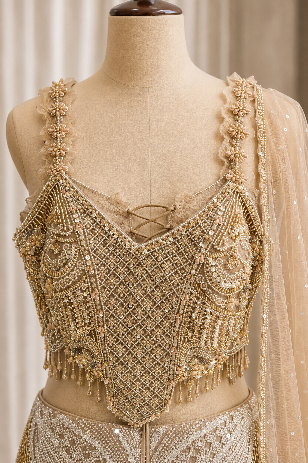 Regal Cutdana Work and Soft Net Fabric Beige Color Fishcut Style Lehenga Choli