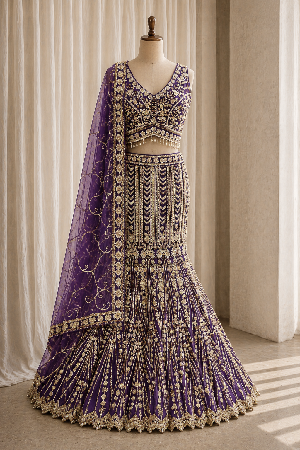 Delightful Moti Work and Soft Net Fabric Purple Color Fishcut Lehenga Choli