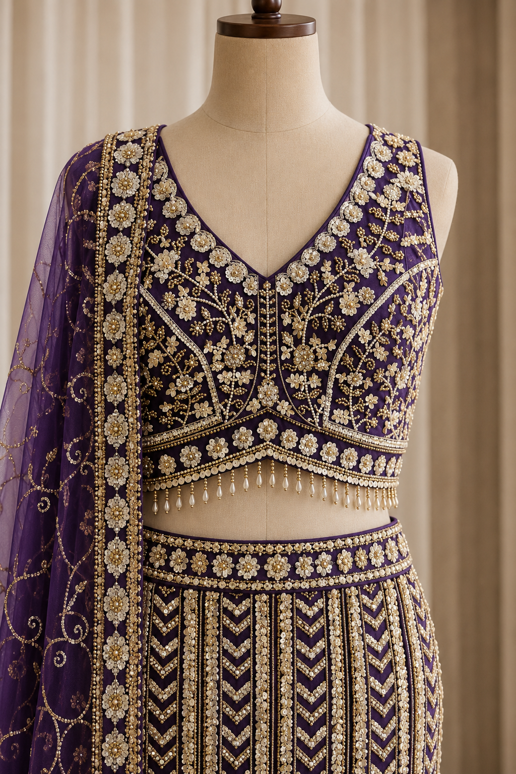 Delightful Moti Work and Soft Net Fabric Purple Color Fishcut Lehenga Choli