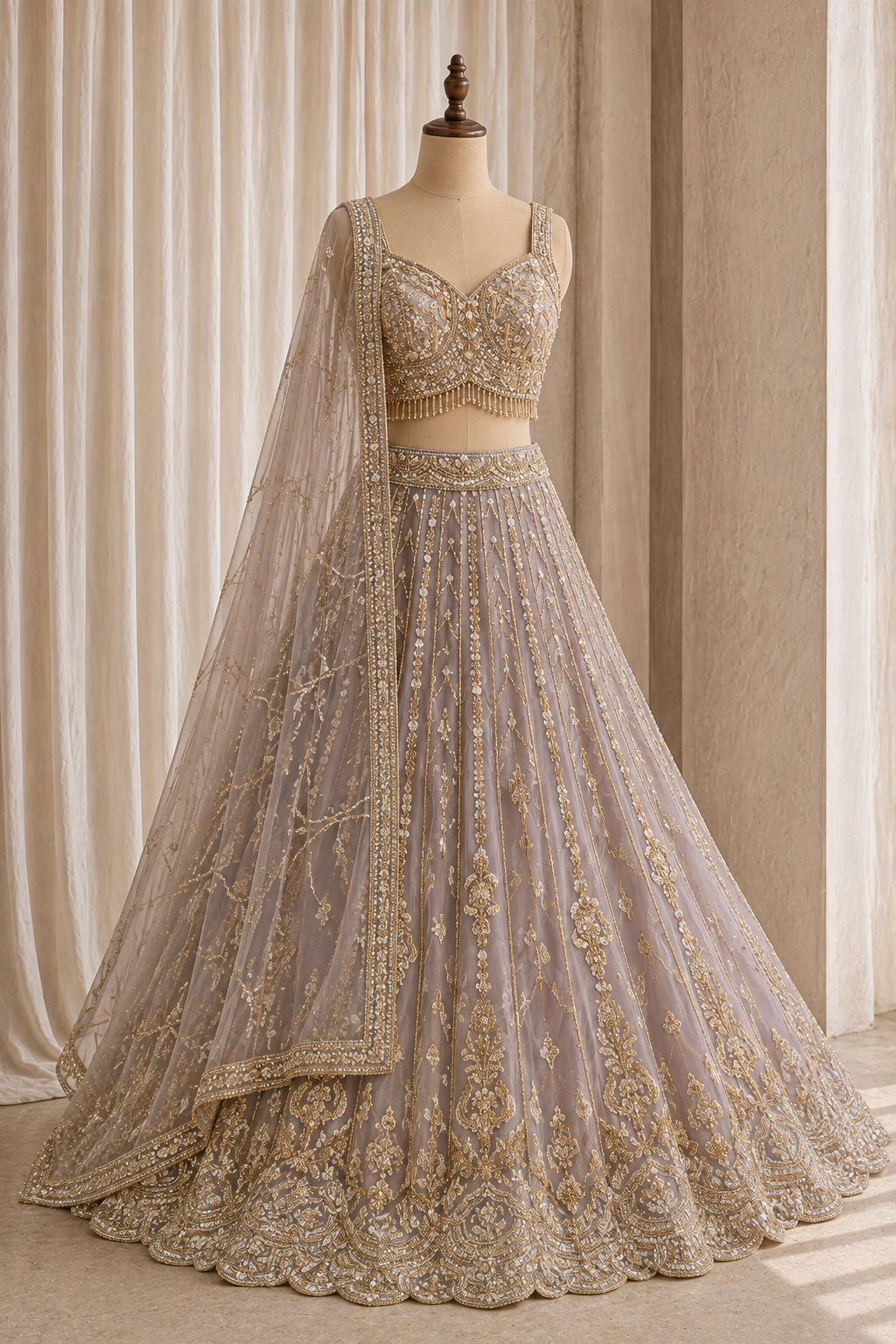 Divine Diamond Work and Organza Fabric Grey Color Lehenga Choli