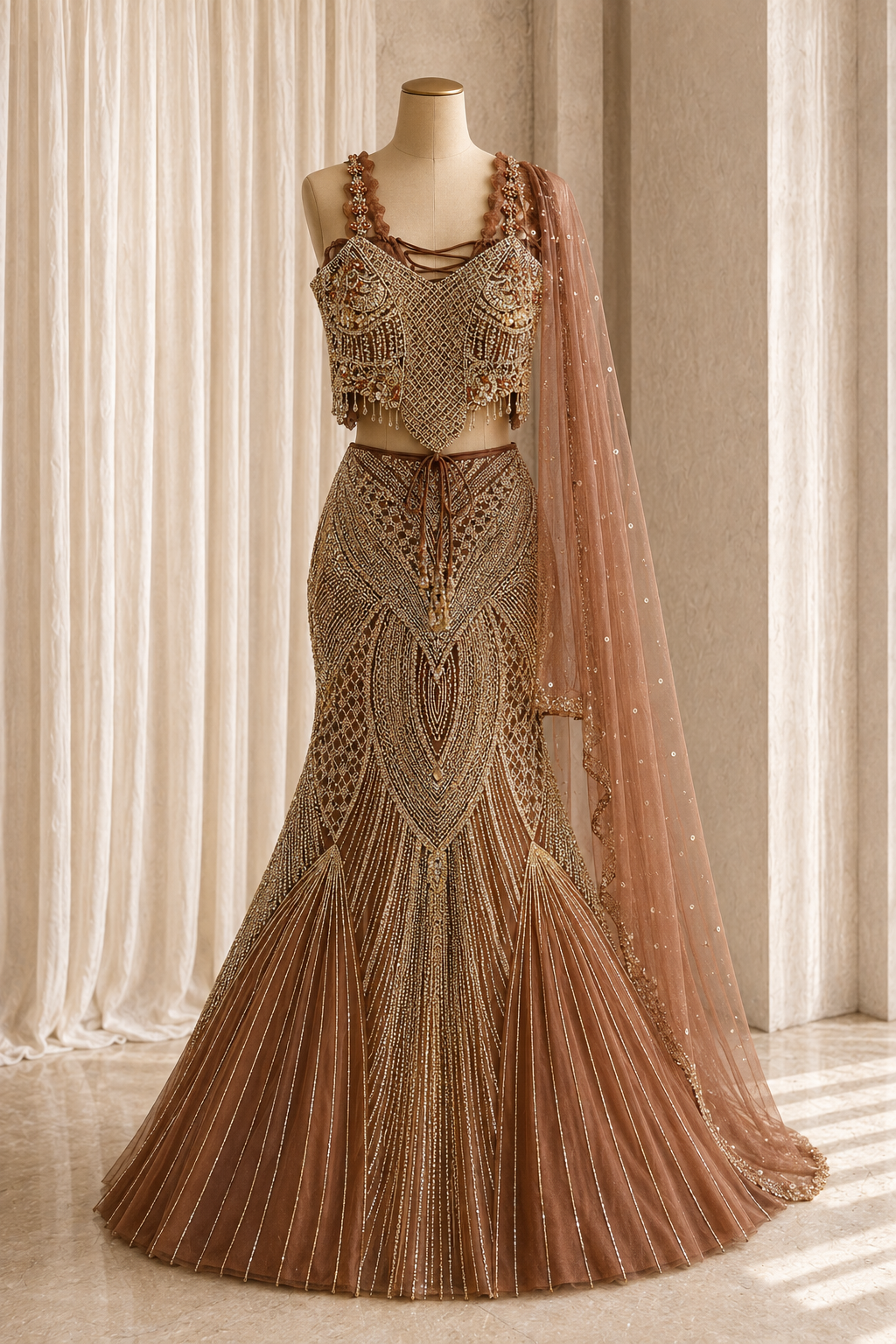 Attractive Cutdana Work and Soft Net Fabric Brown Color Fishcut Style Lehenga Choli