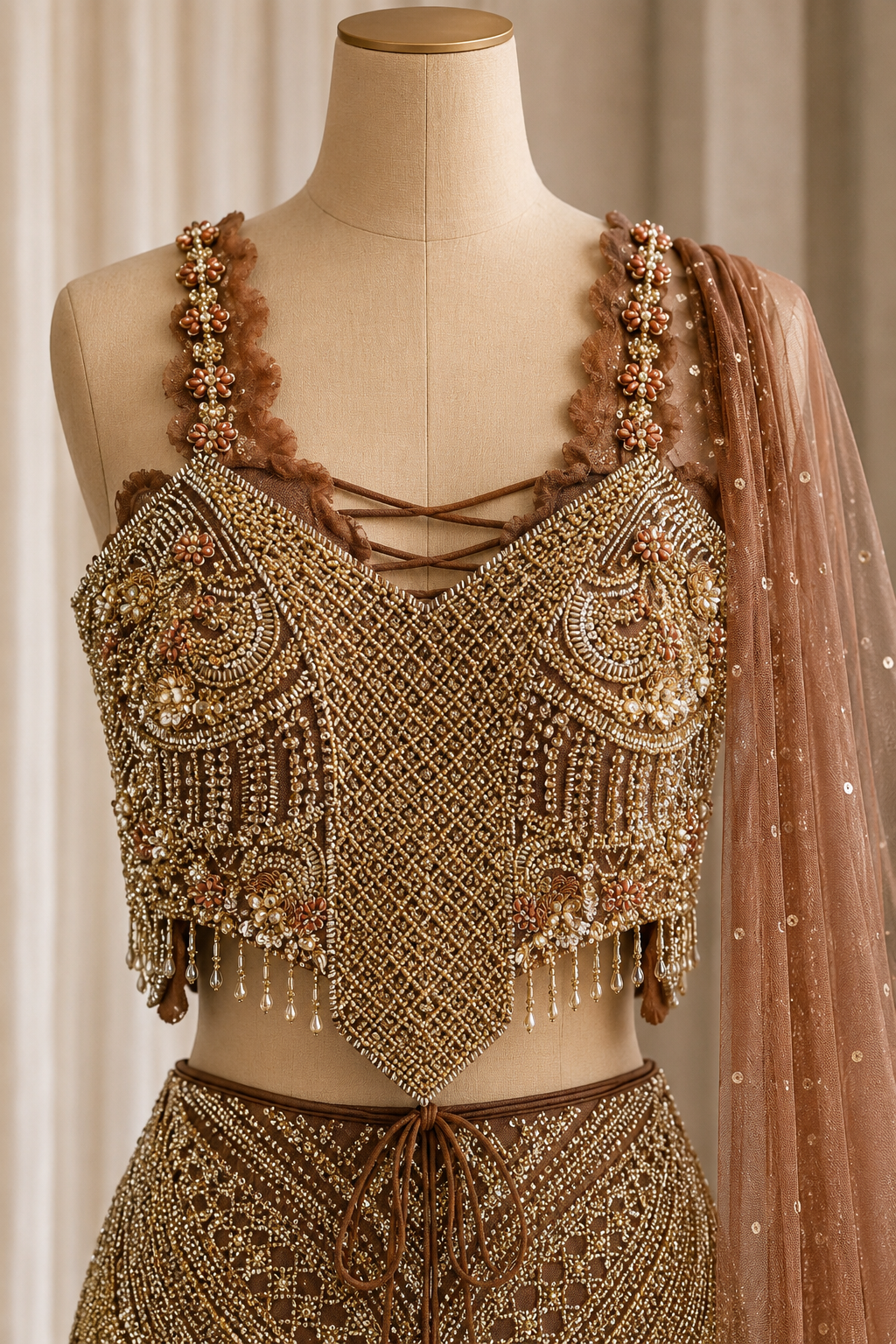 Attractive Cutdana Work and Soft Net Fabric Brown Color Fishcut Style Lehenga Choli