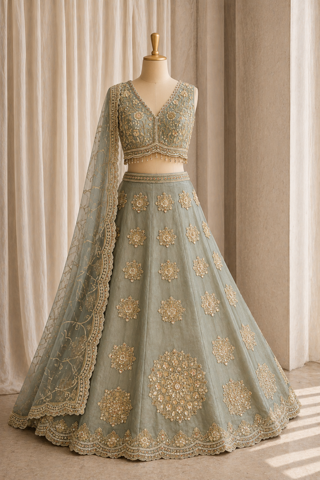 Elegant Cut Moti Work and Tissue Fabric Sea Green Color Lehenga Choli