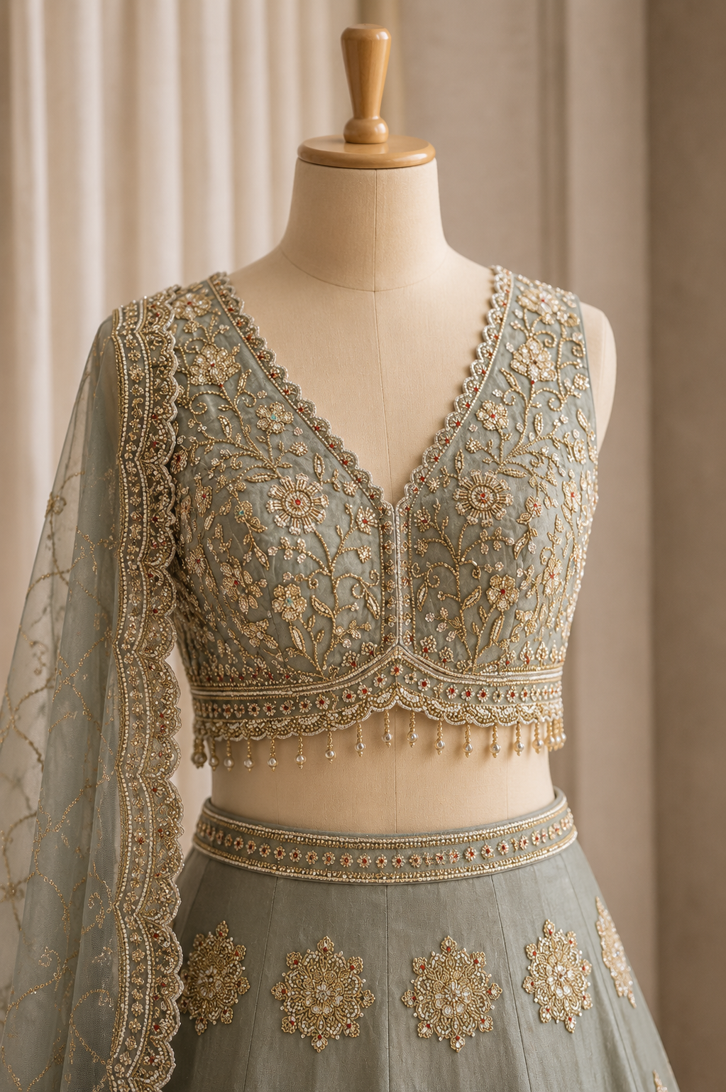Elegant Cut Moti Work and Tissue Fabric Sea Green Color Lehenga Choli