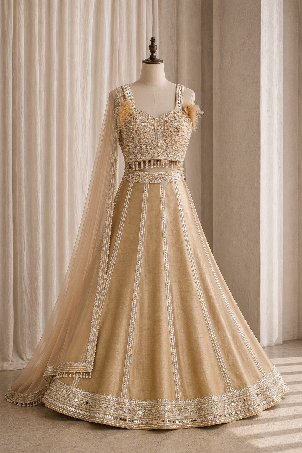 Confident Fancy Work and Dupion Silk Fabric Beige Color Lehenga Choli