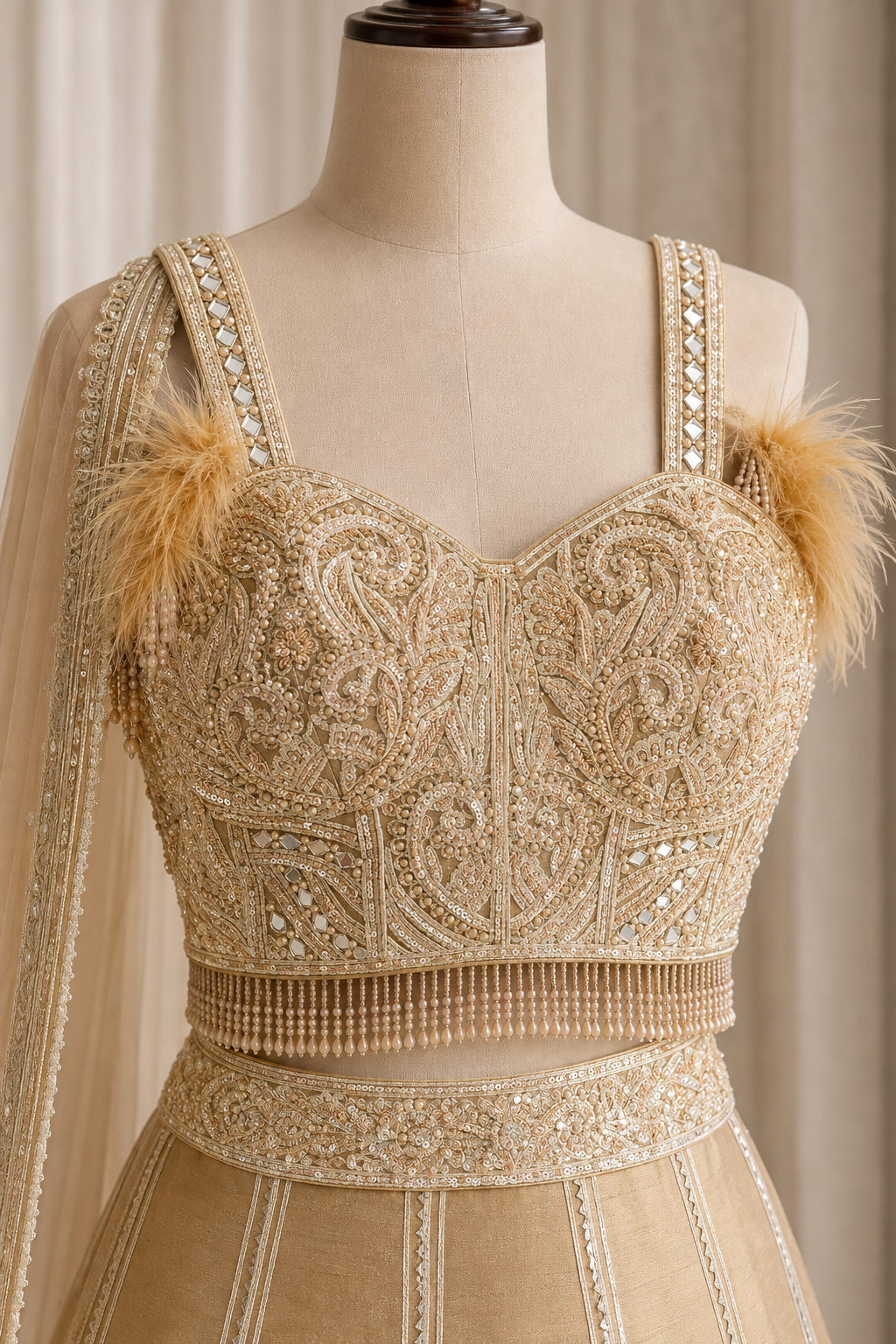 Confident Fancy Work and Dupion Silk Fabric Beige Color Lehenga Choli