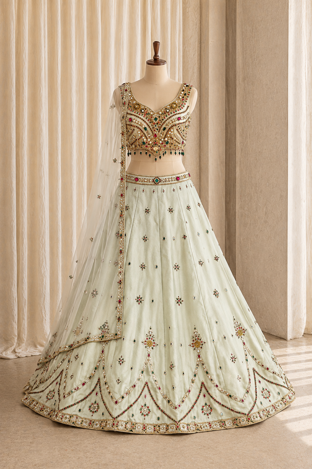 Royal Stone Work and Tissue Fabric Pastel Green Color Lehenga Choli