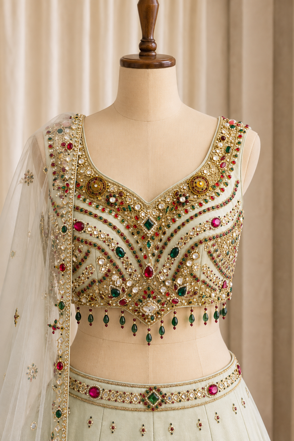 Royal Stone Work and Tissue Fabric Pastel Green Color Lehenga Choli