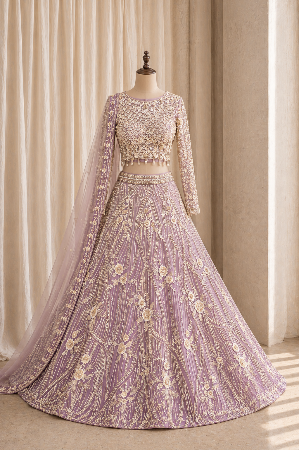 Designer Pearl Work and Soft Net Fabric Purple Color Lehenga Choli