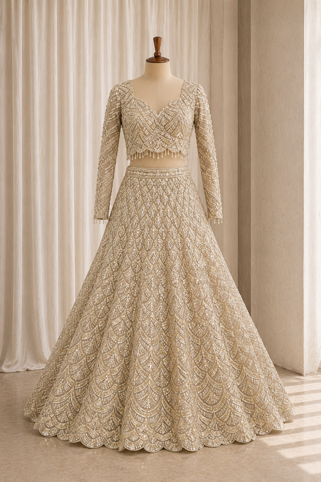 Stunning Sequins Work and Soft Net Fabric Beige Color Lehenga Choli
