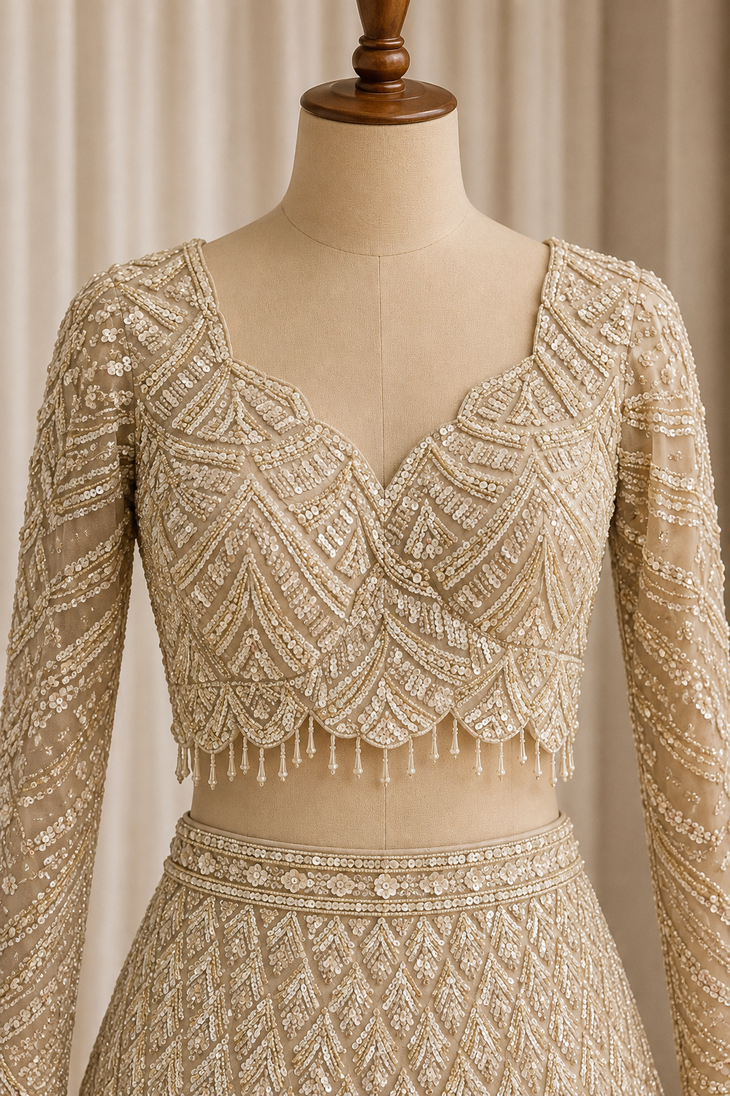 Stunning Sequins Work and Soft Net Fabric Beige Color Lehenga Choli