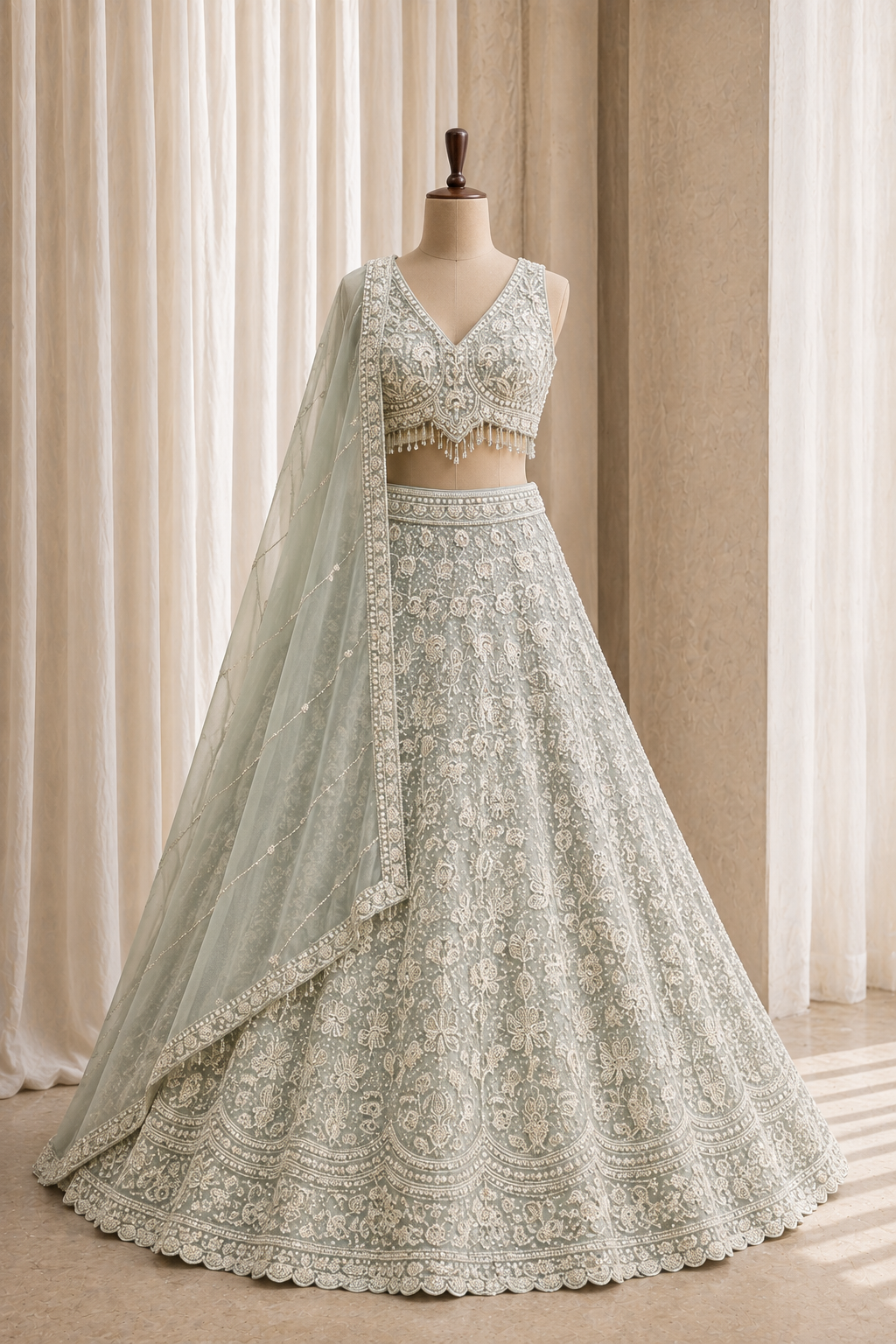 Dazzling Moti Work and Georgette Fabric Pastel Green Color Lehenga Choli