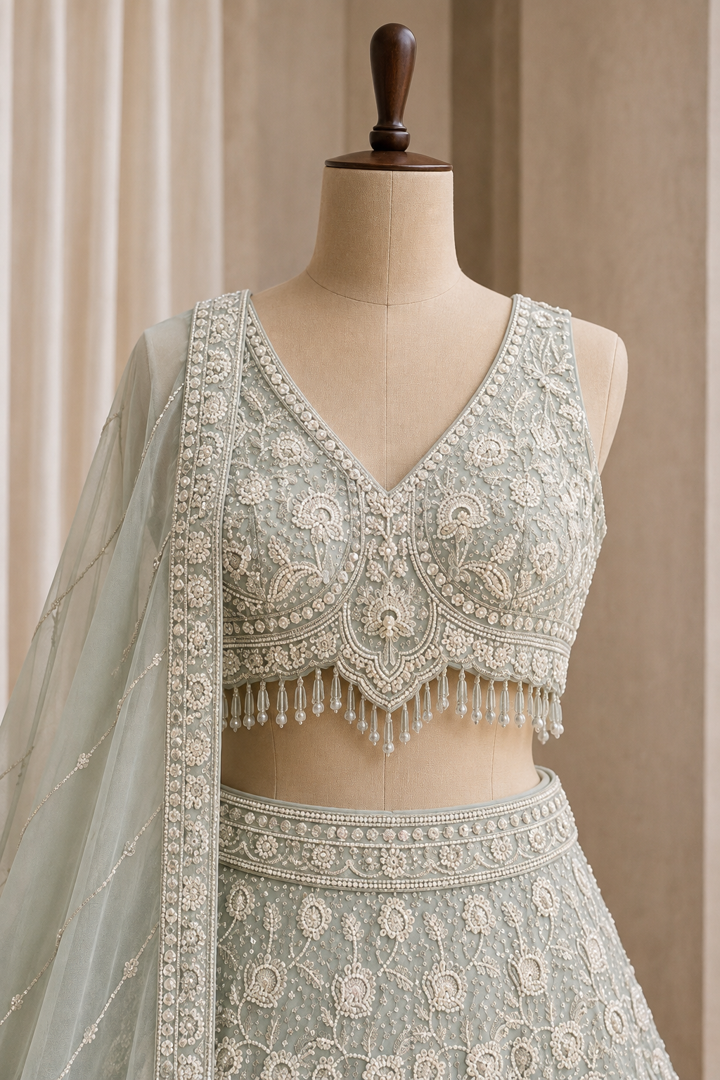 Dazzling Moti Work and Georgette Fabric Pastel Green Color Lehenga Choli