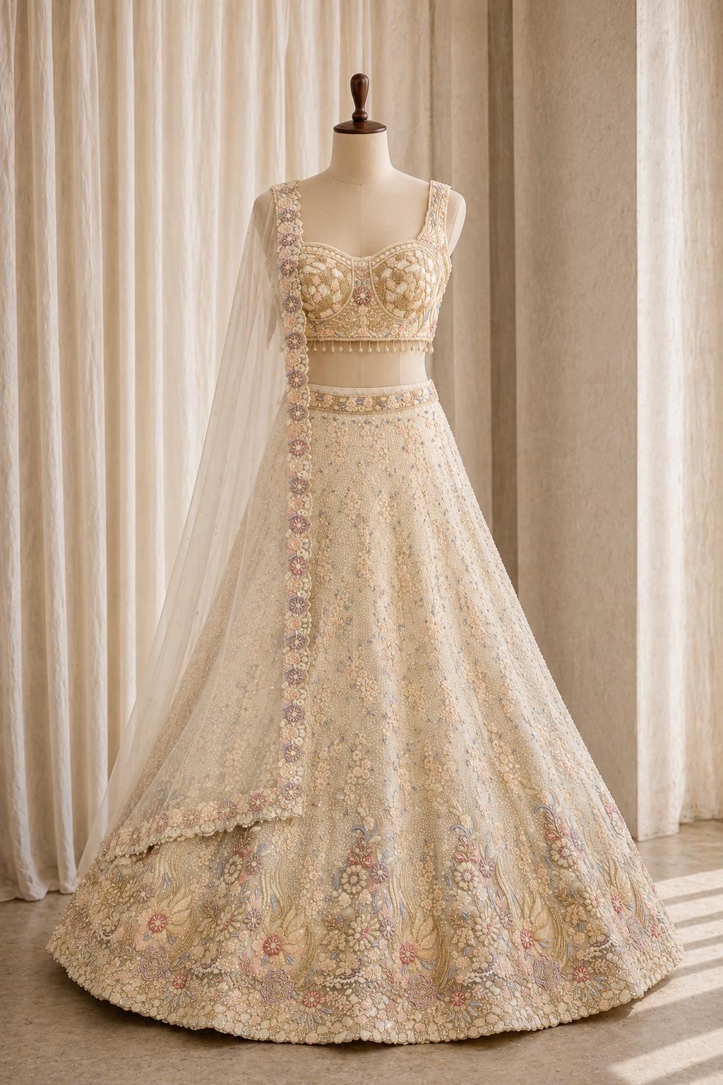 Charming Thread Work and Soft Net Fabric Ivory Color Lehenga Choli