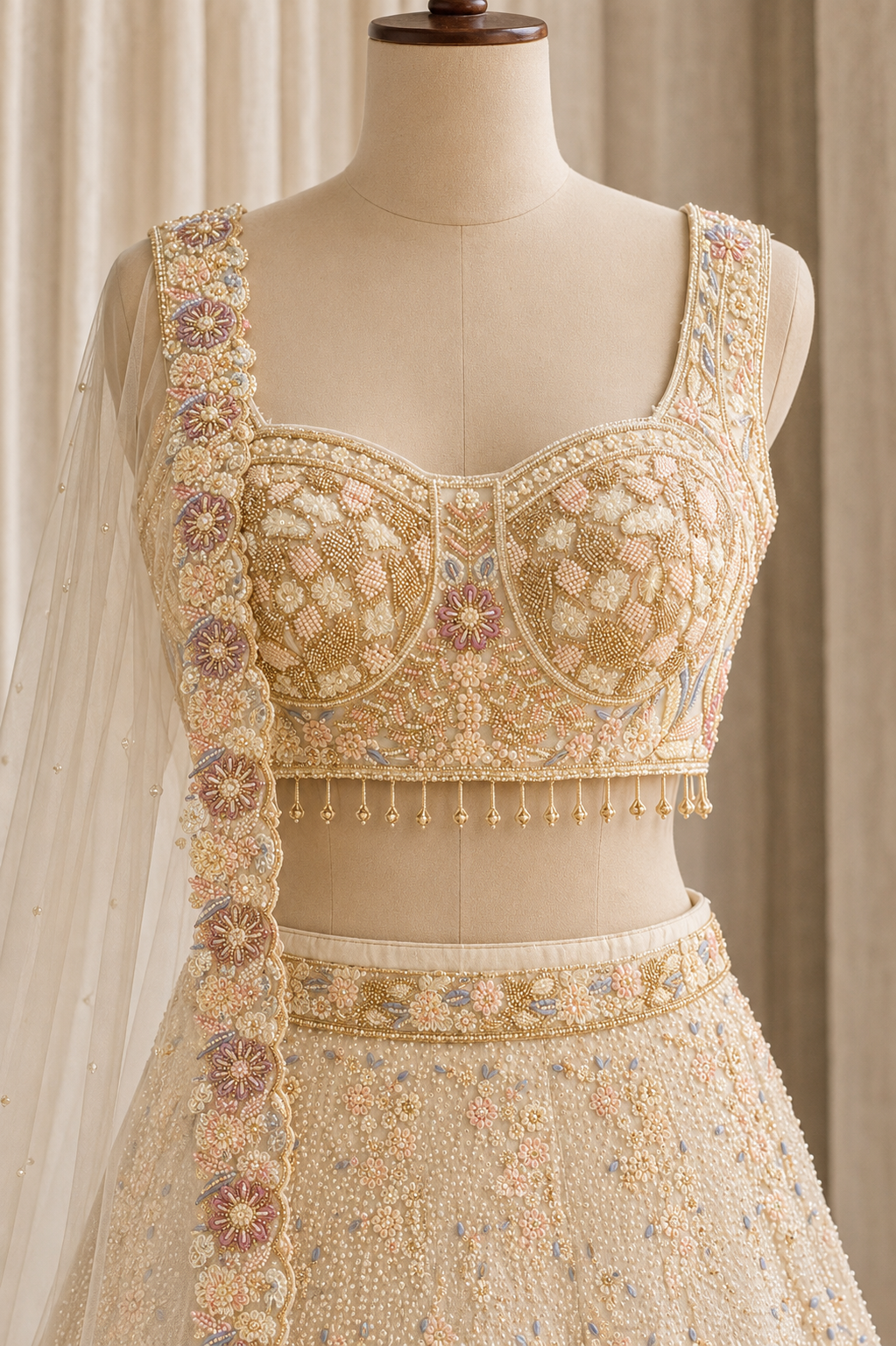 Charming Thread Work and Soft Net Fabric Ivory Color Lehenga Choli