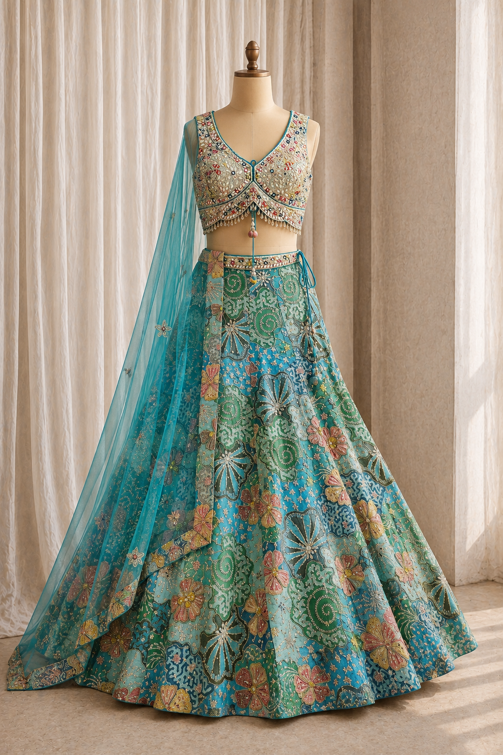 Festive Mirror Work and Art Silk Fabric Rama Green Color Lehenga Choli