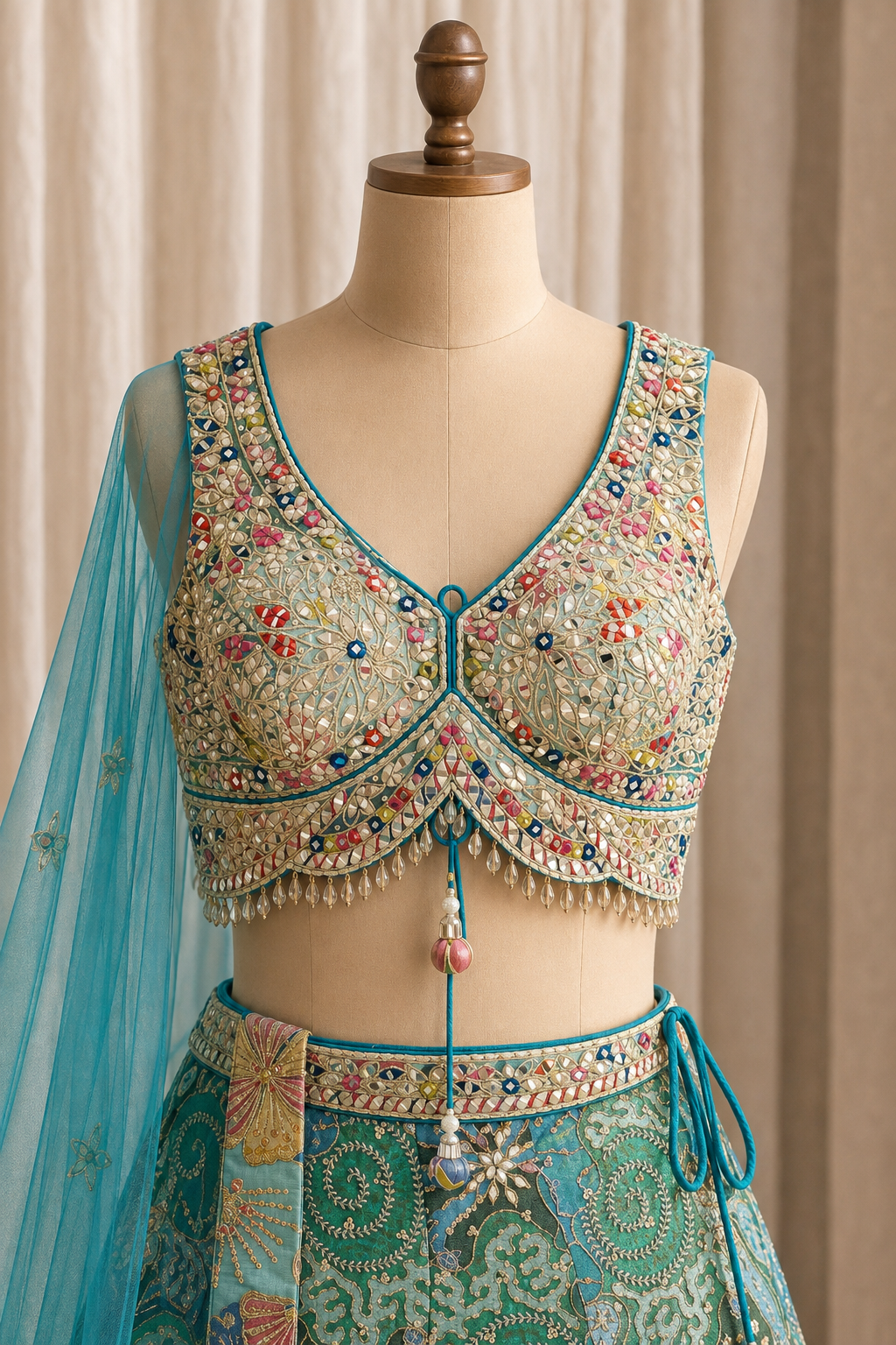 Festive Mirror Work and Art Silk Fabric Rama Green Color Lehenga Choli