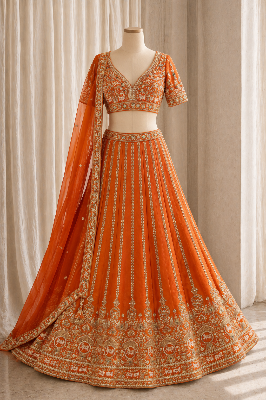 Radiance Kasab Work and Art Silk Fabric Orange Color Lehenga