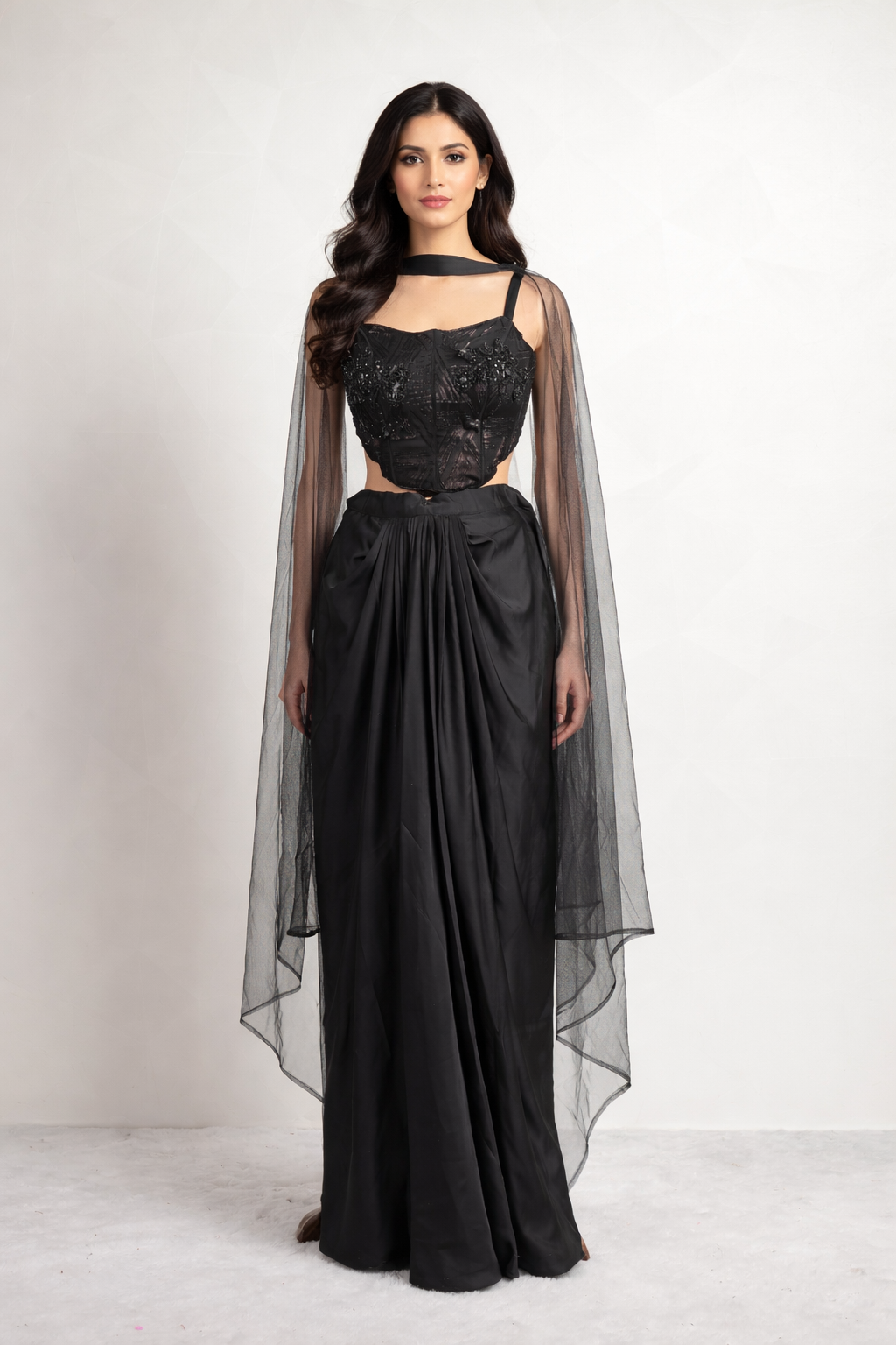 Stunning Black-Purple Draped Saree With Ready Diamond Designer Choli