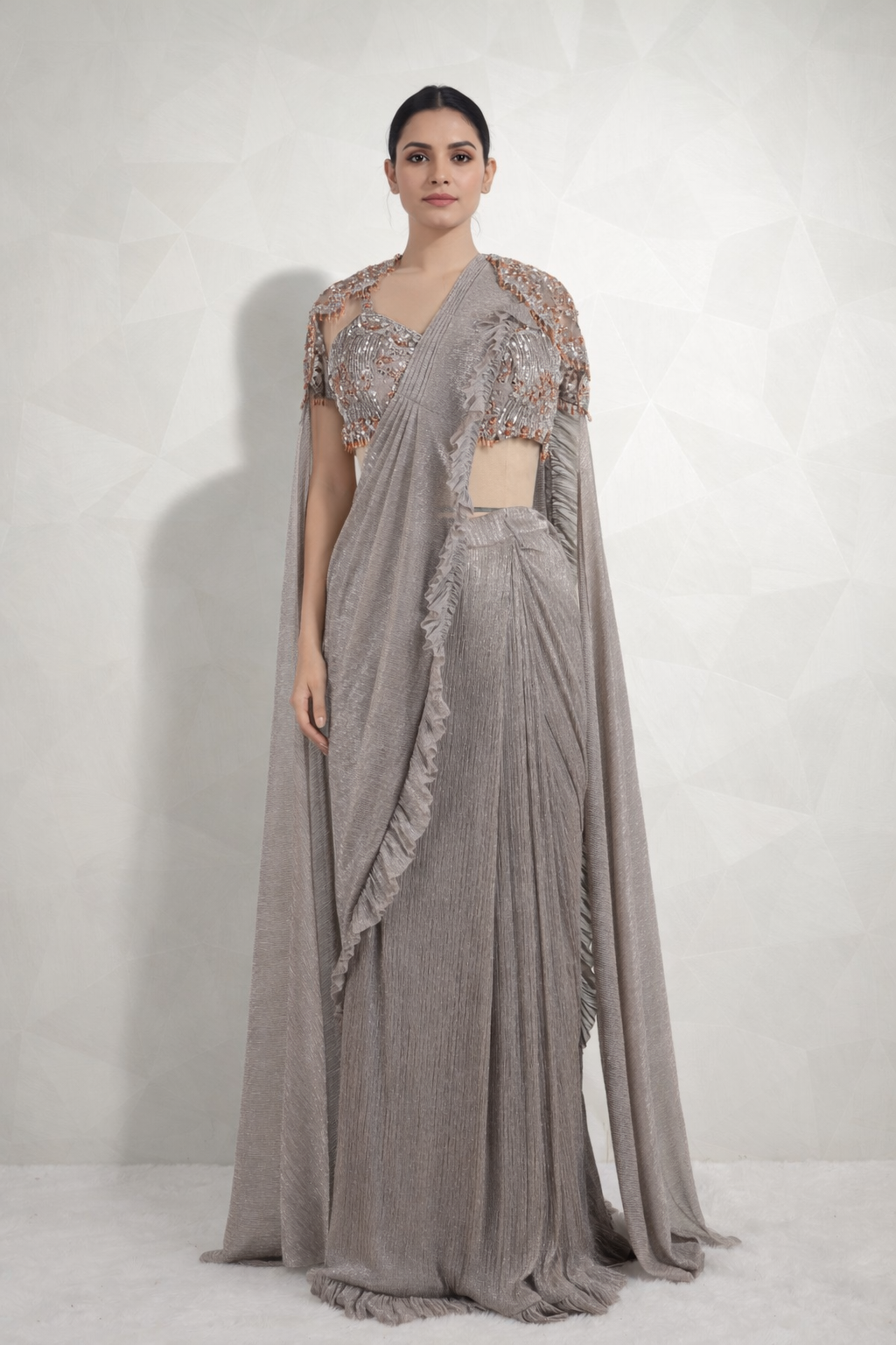 Designer Grey Draped Saree With Ready Pearl And Mirror Designer Choli