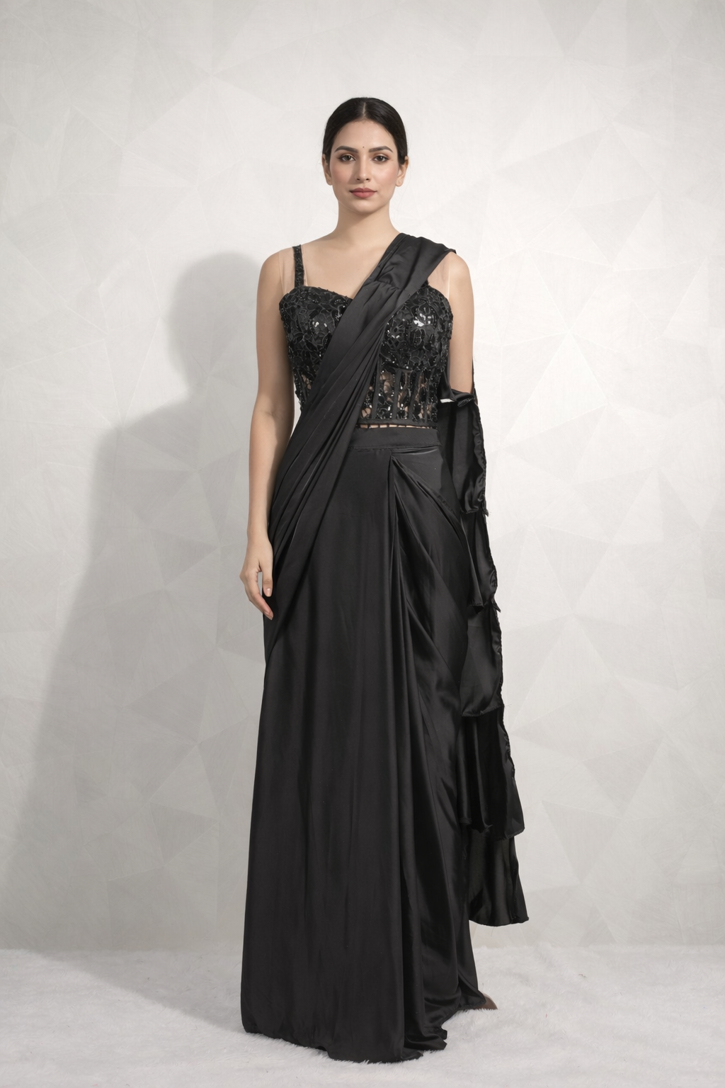Gorgeous Black Draped Saree With Stunning Ready Corset Blouse