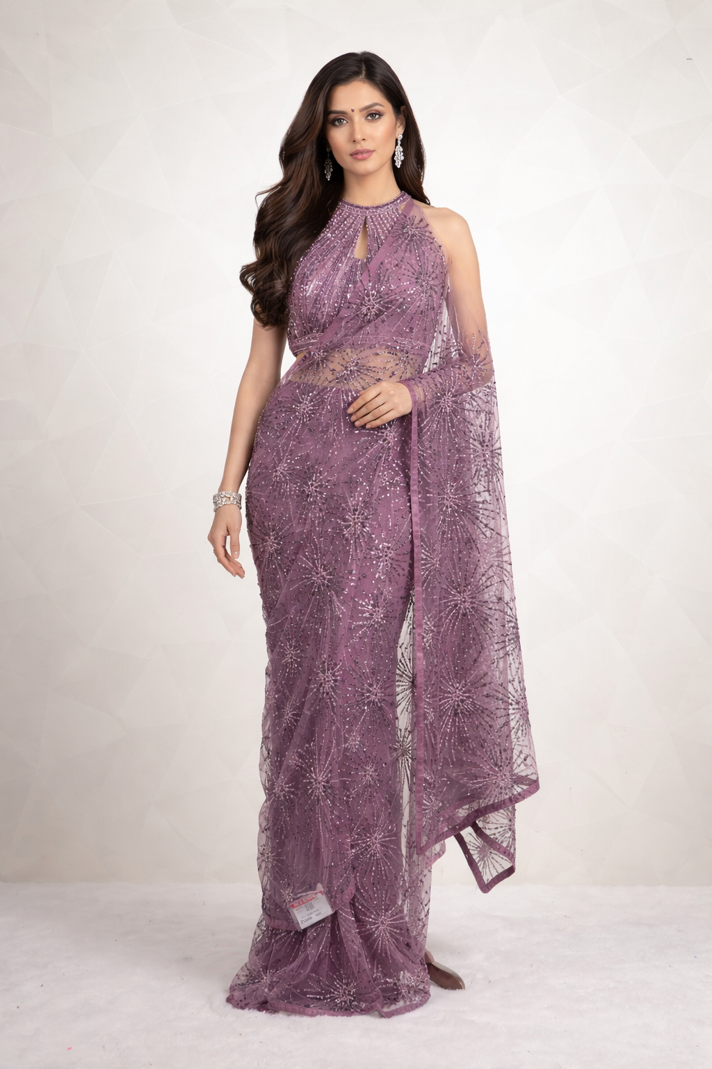 Designer Purple Saree With Ready Sequins And Cut Dana Blouse