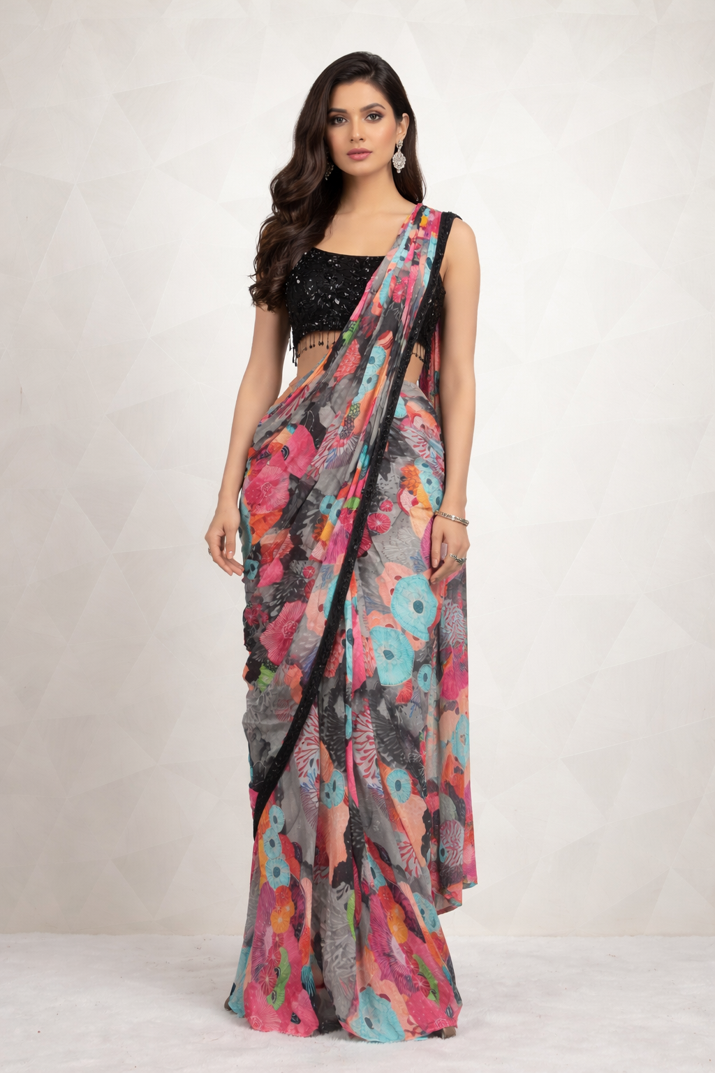 Gorgeous Multi-Colored Draped Saree With Ready Black Blouse