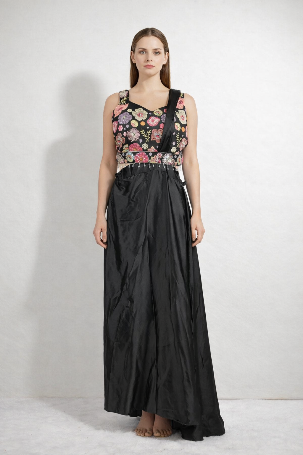 Surprising Black Draped saree With Multi-Colored Ready Blouse